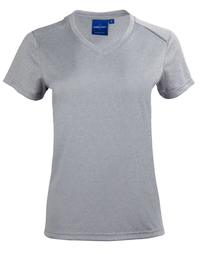 A grey short sleeve tee with a v-neck design, featuring a logo on the neckline. 