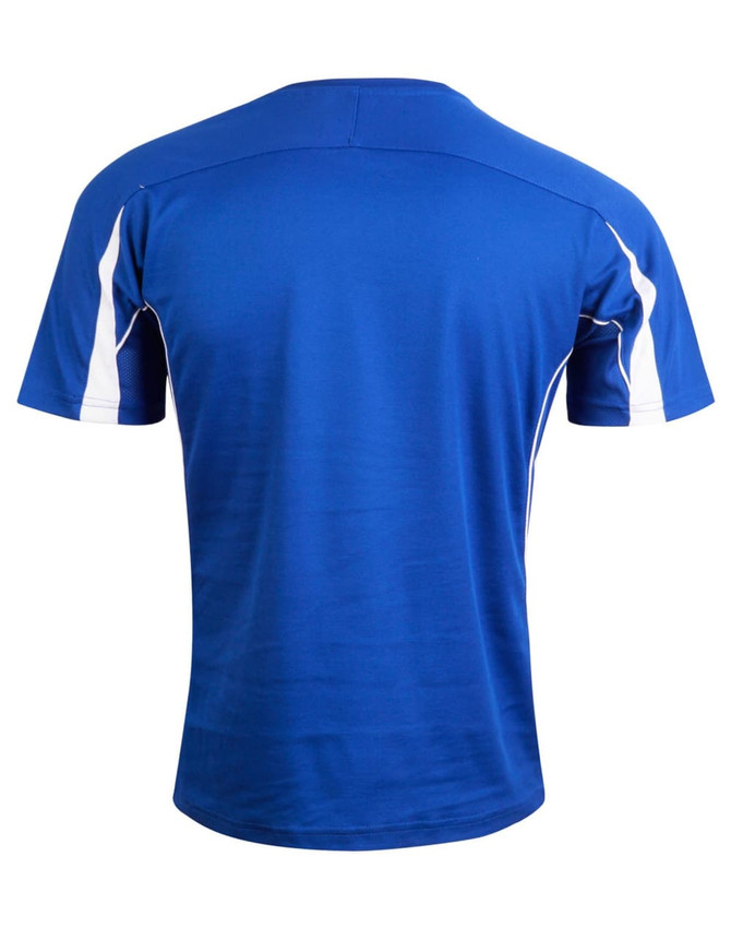 A blue short-sleeved T-shirt with white accents on the shoulders and sides, featuring a logo.
