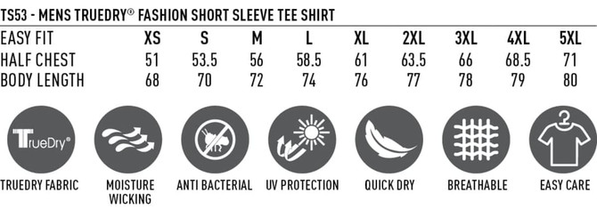 Promotional men's T-shirt in various sizes, featuring a logo, with a focus on breathable, quick-dry fabric and UV protection.