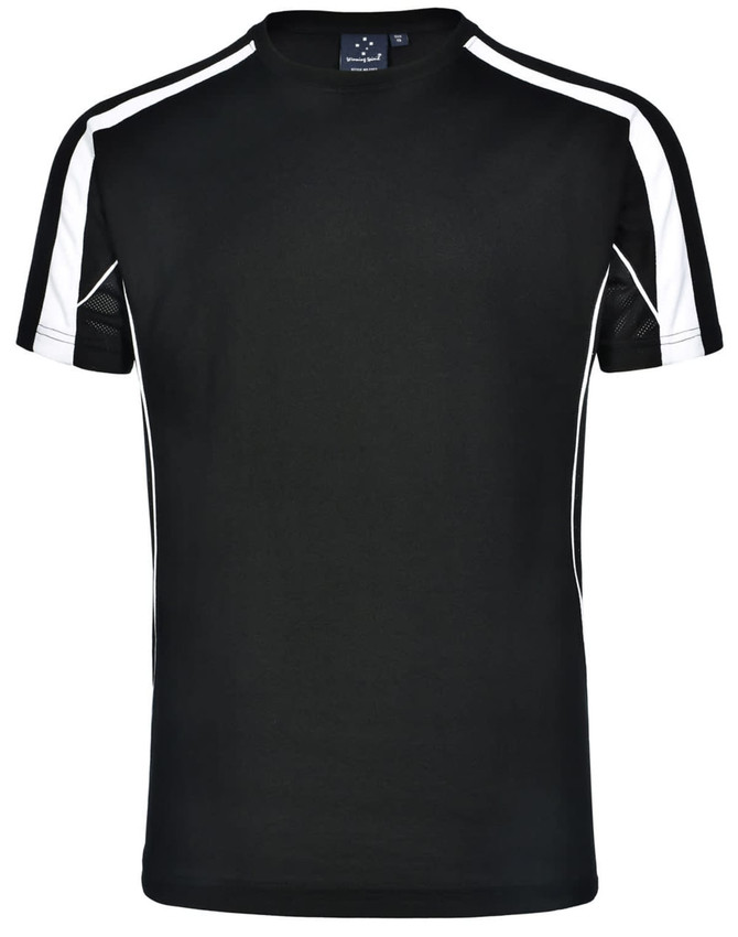 A black men's T-shirt with white accents on the sleeves and sides, featuring a logo on the collar.