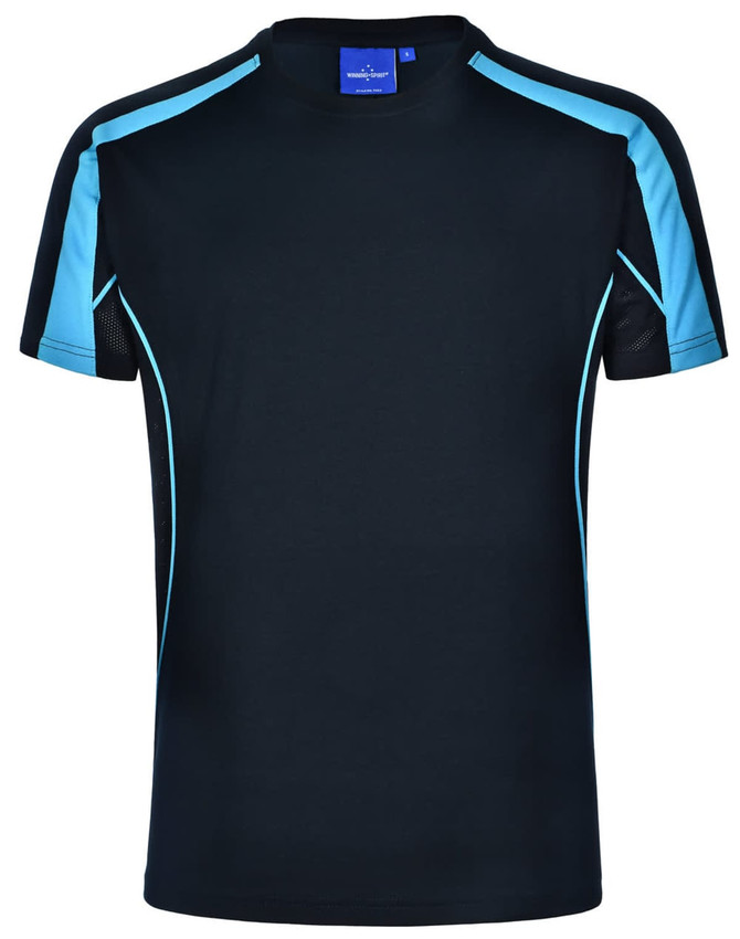 A black short-sleeve T-shirt with blue accents and mesh detailing, featuring a logo on the label.
