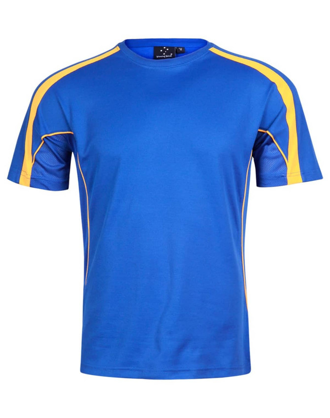 A blue short-sleeved T-shirt with yellow accents and a logo on the upper left.