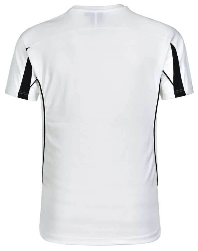 A white short-sleeved t-shirt featuring black accents on the sides and a logo.