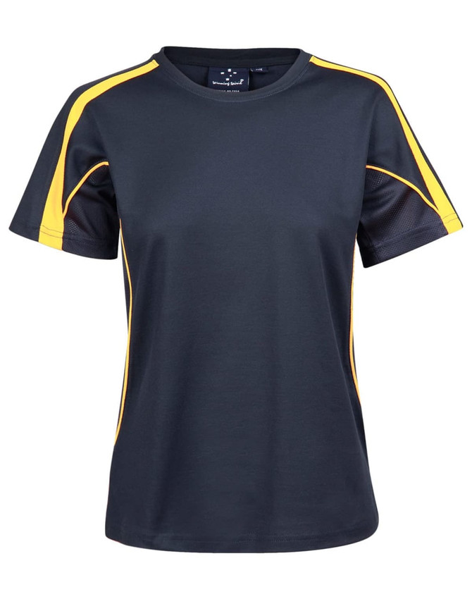 A ladies' black and yellow short-sleeve T-shirt with a logo, featuring a sporty design and contrasting side panels.