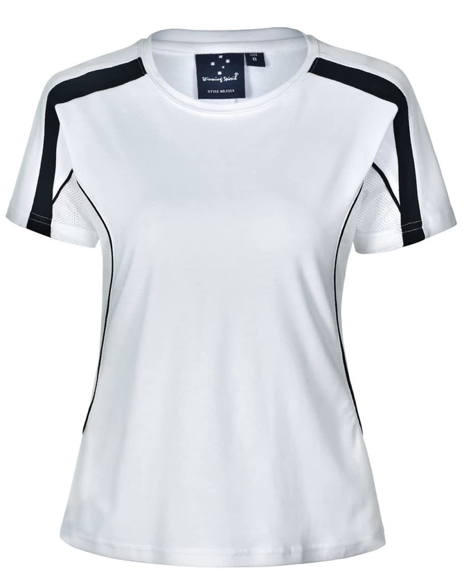 A white ladies’ T-shirt with black accents and mesh panel detailing. Features a logo on the label.