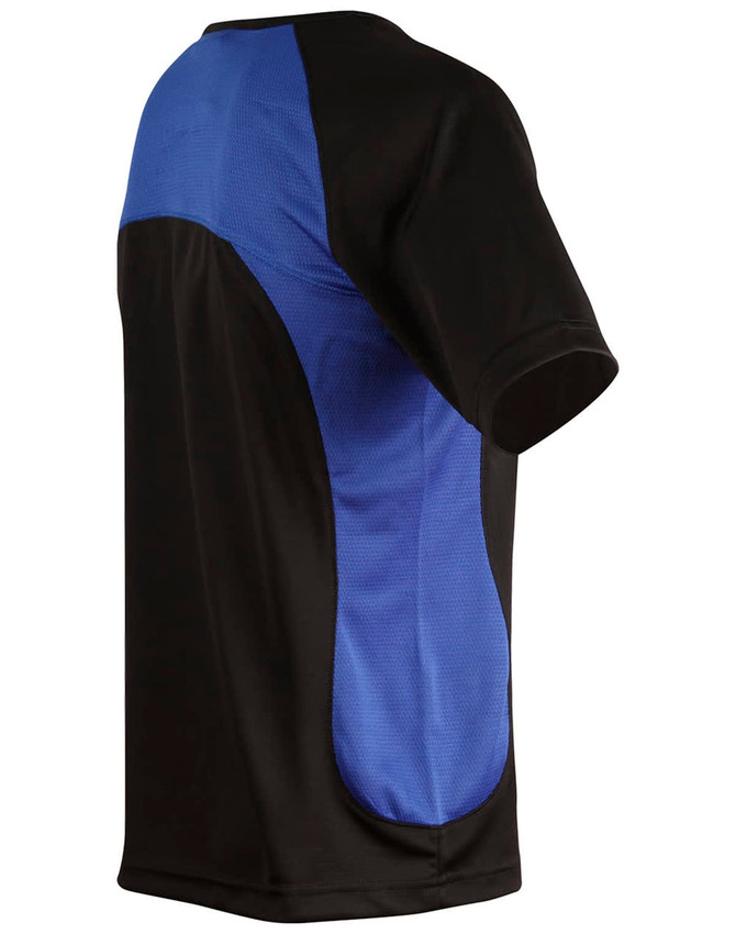 A men's t-shirt featuring a black body with blue mesh panels on the sides and a logo on the front.