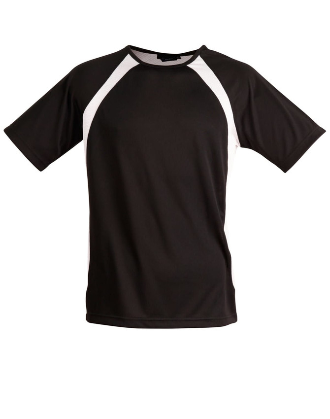 A black men's t-shirt featuring white accents on the sleeves, with a logo on the chest area.