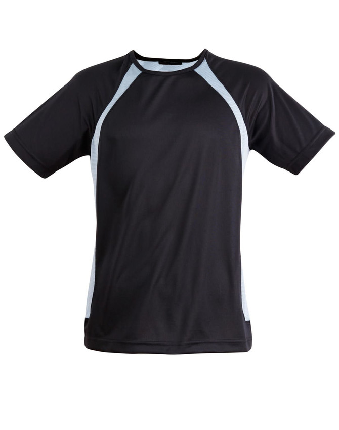 A black men's t-shirt with light blue accents and a logo. It features a short sleeve and sporty design.