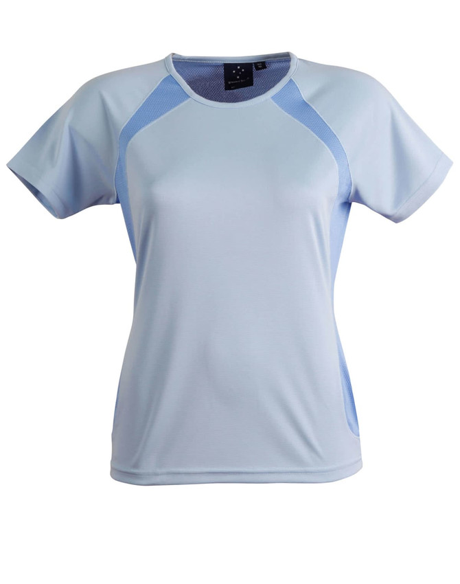 A light blue ladies' tee shirt with mesh side panels and a logo on the label.