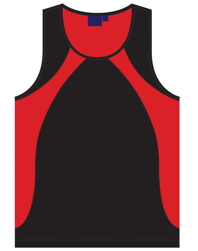 A black and red men's sprint singlet with a contrasting design and a logo on the front.