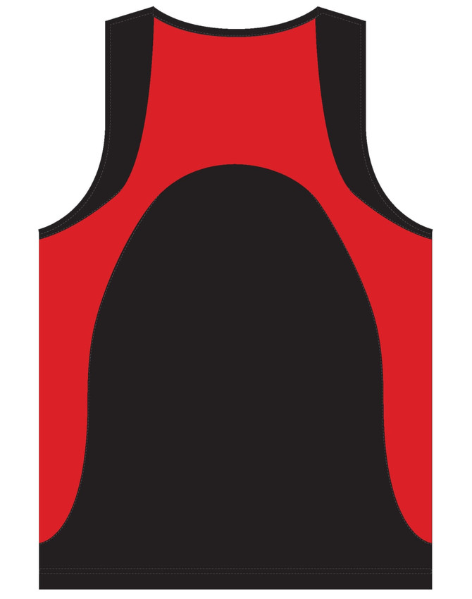 A men's sprint singlet featuring black fabric with red accents and a logo present.