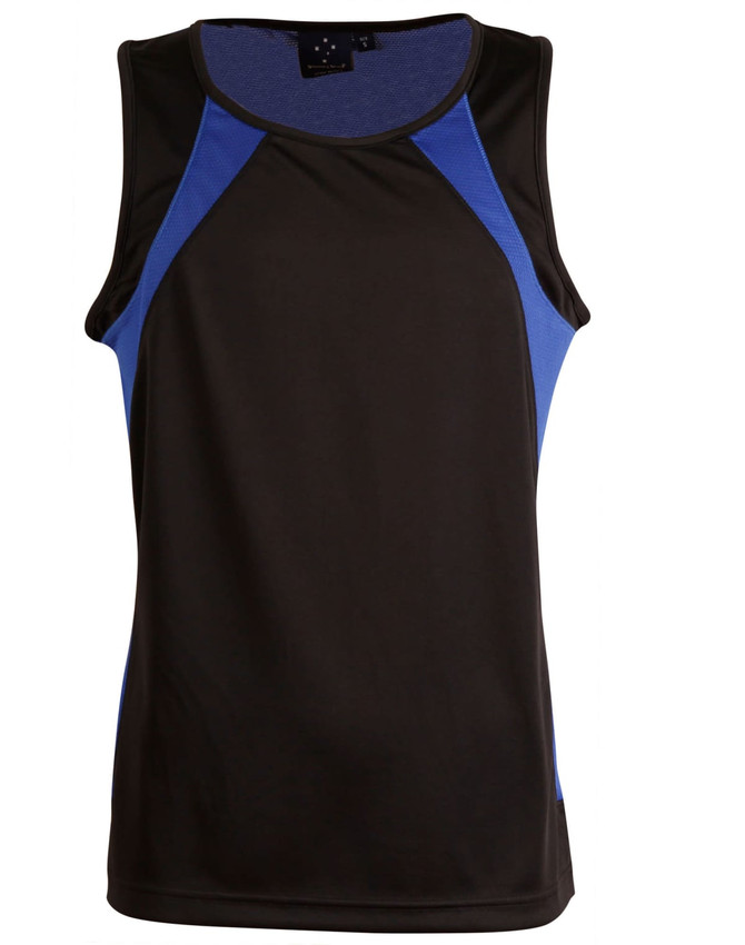 A black and blue men's sprint singlet featuring a sleek design and a logo on the label.