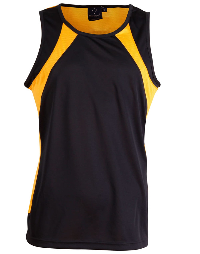 Men's sprint singlet featuring black fabric with yellow mesh panels. Includes a logo or branding.