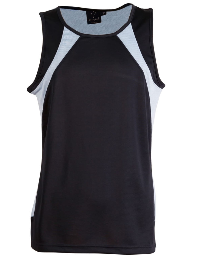 A men's singlet featuring a black body and light blue mesh accents, designed for athletic wear. It has a logo.