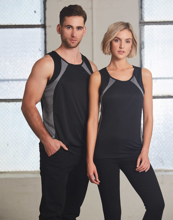 A black sprint singlet for women with grey detailing, featuring a logo, displayed on a model.