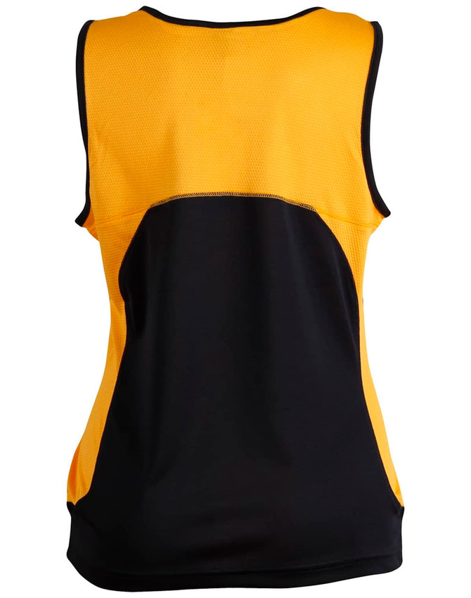A women's singlet featuring a yellow front and black back, with a mesh design and a logo.