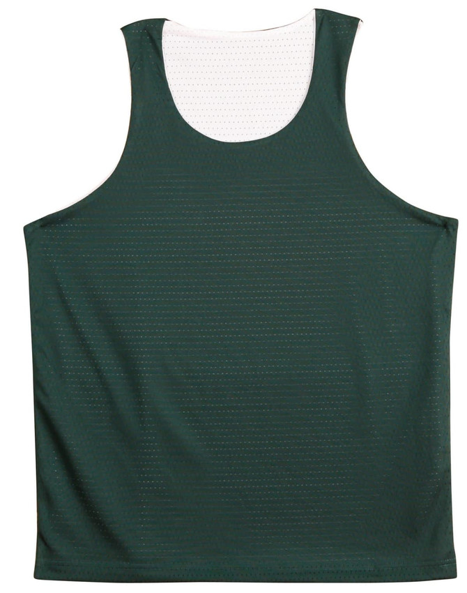 A green adults' basketball singlet with a mesh design and a white interior. It features a logo on the front.