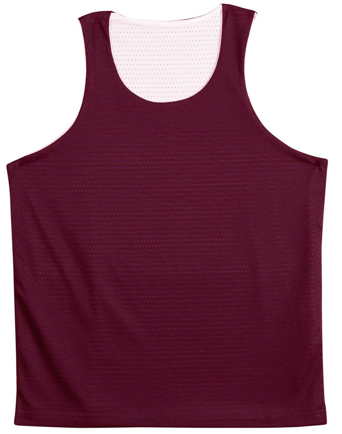 A burgundy basketball singlet with a lightweight, breathable fabric and a logo.