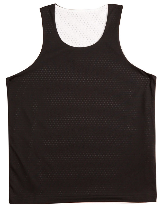 A black kids' basketball singlet featuring a sleeveless design and a mesh texture, includes a logo.
