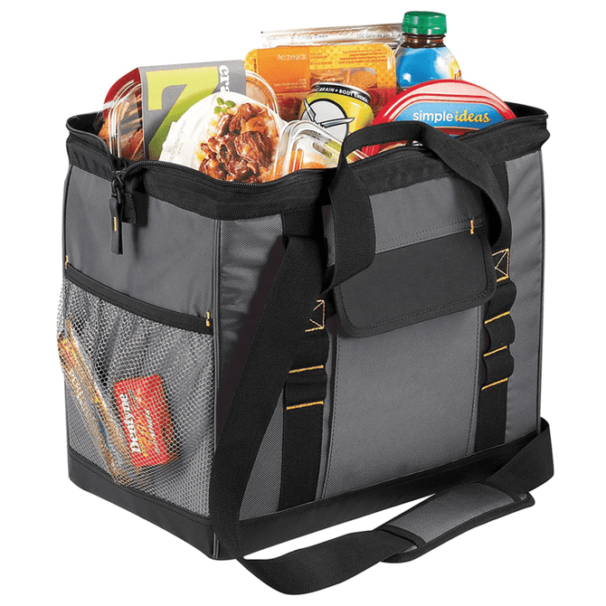 A grey cooler bag filled with various food items, featuring a mesh pocket and a strap for carrying.