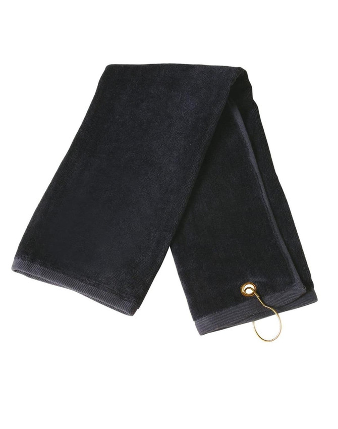 A black golf towel with an eyelet hook, measuring 38 x 65 cm, features a simple design and soft texture.