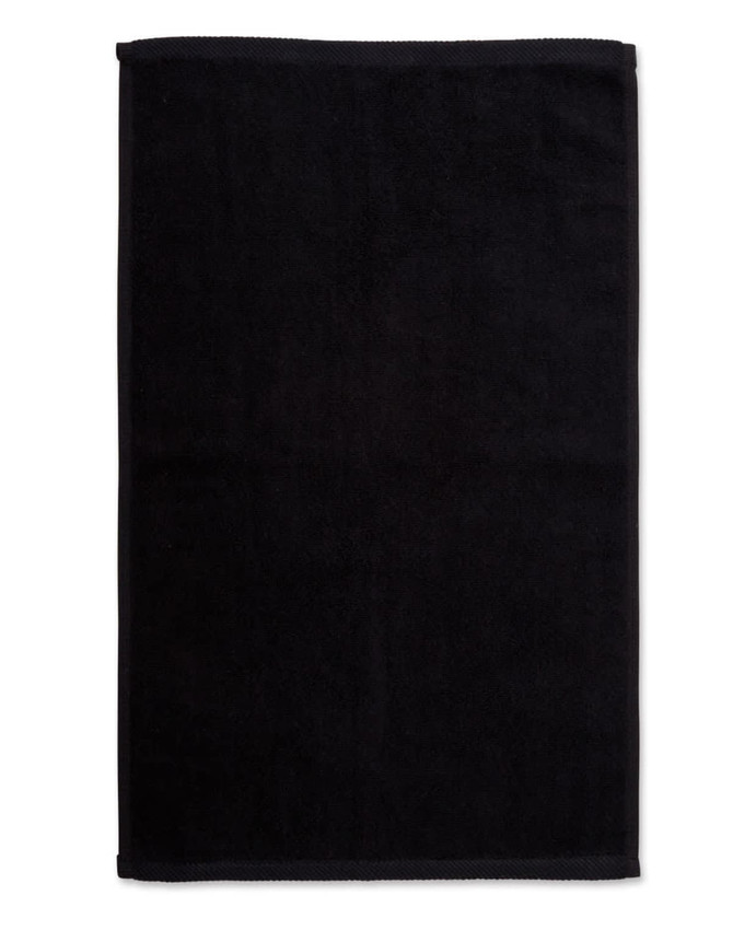 A black hand towel made from double-sided terry, measuring 40x60 cm. Features a logo on the fabric.