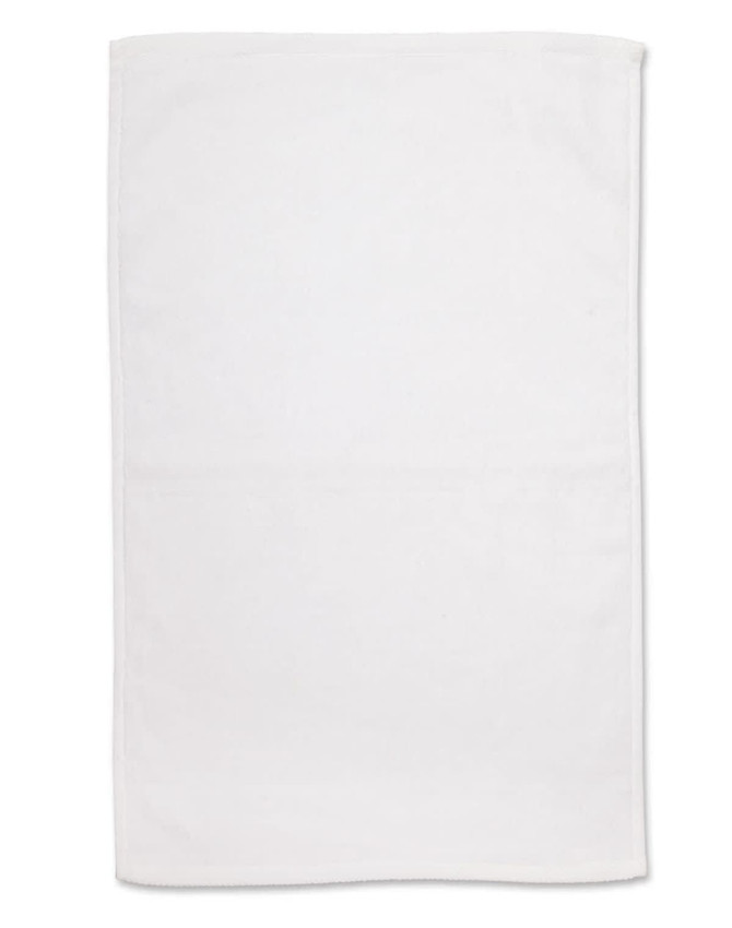 A white hand towel featuring double-sided terry texture, measuring 40x60 cm, with a branding logo present.