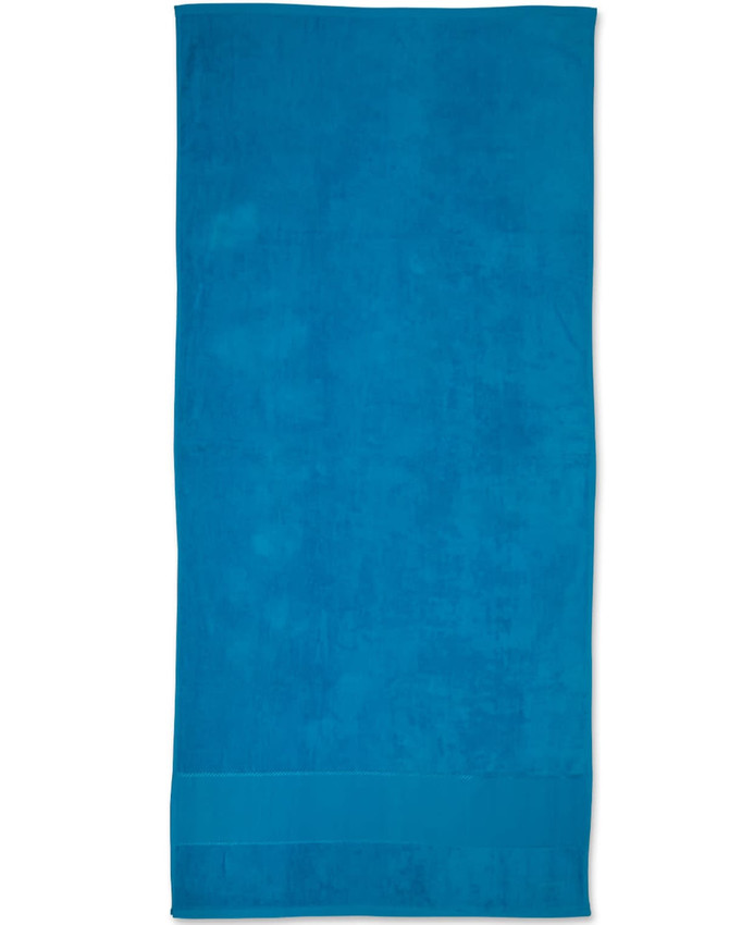 A terry velour beach towel in a vibrant shade of blue, measuring 75x150 cm. The towel features a simple design and a logo.