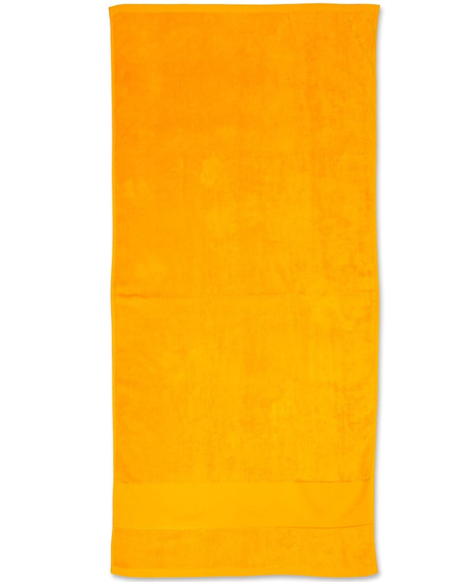 A bright yellow terry velour beach towel, measuring 75x150 cm, featuring a simple design and a logo.