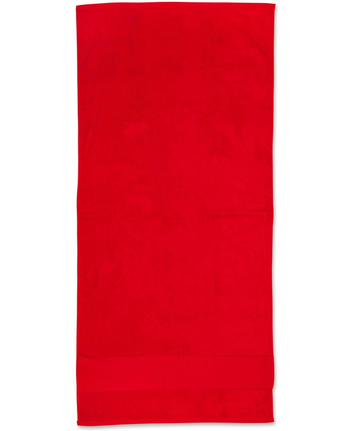 A red terry velour beach towel measuring 75x150 cm, with a solid colour design and a logo.