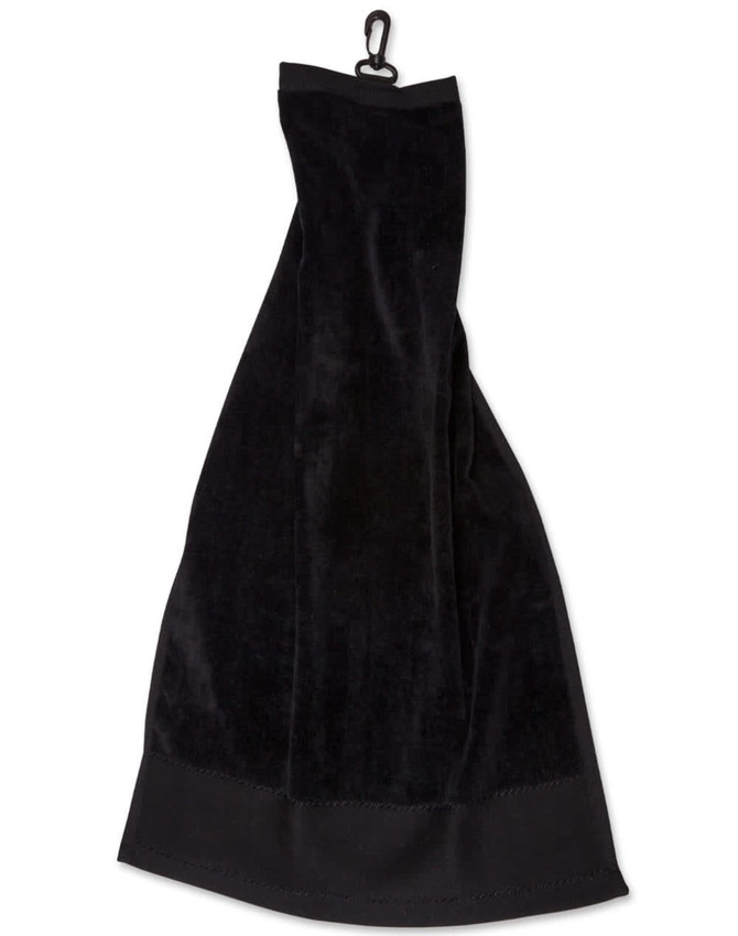 A black golf towel with a hook for easy attachment. It features a soft, plush texture.