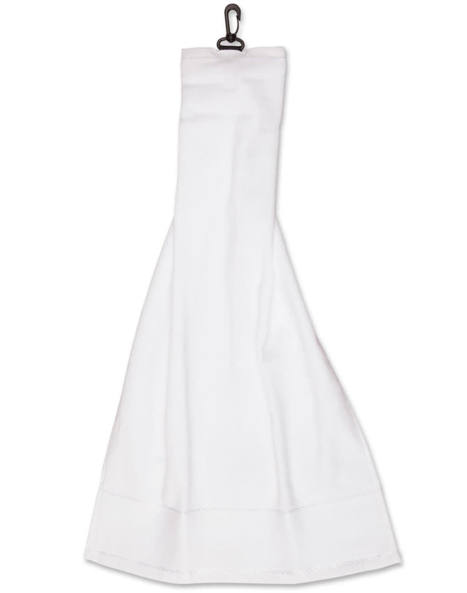 A white golf towel with a hook for attachment. The towel features a branded logo.