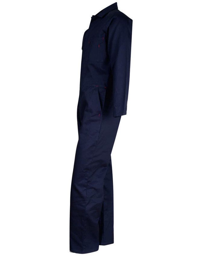A navy blue men's cotton drill coverall with long sleeves and pockets. Features a plain design and has a logo.