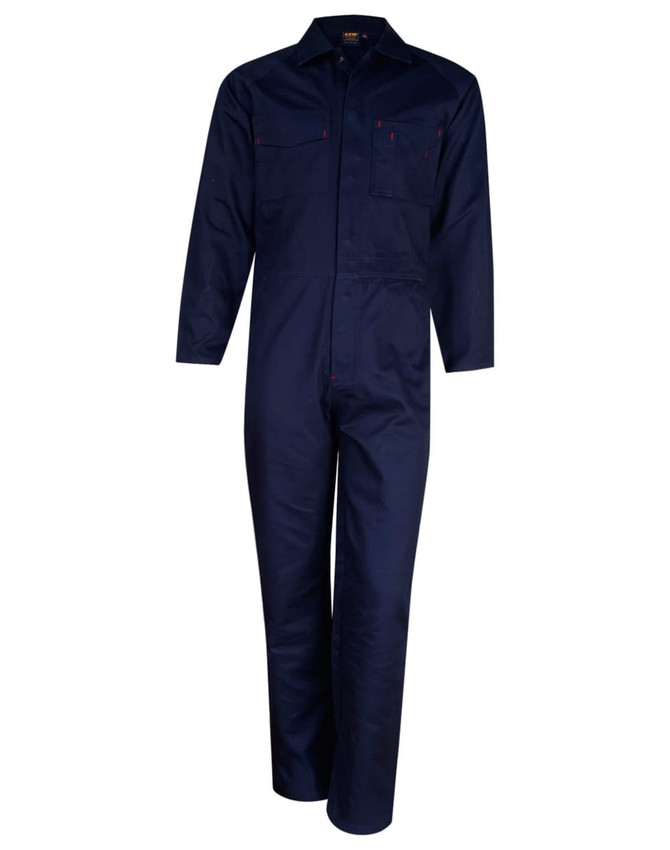 A navy blue men's cotton drill coverall with long sleeves and two chest pockets. It features a logo on the chest.
