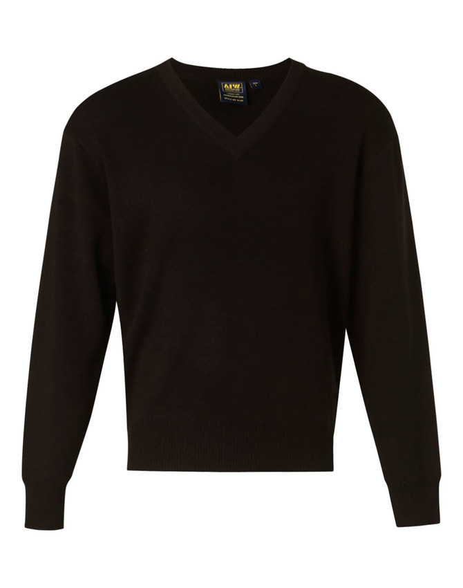 A V-neck jumper in black, made from a wool and acrylic knit blend. It features long sleeves and ribbed cuffs.