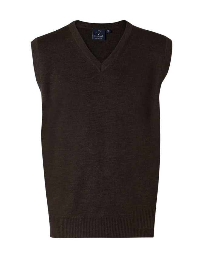 A dark green V-neck wool and acrylic knit vest featuring a sleeveless design and a plain finish.