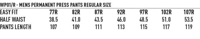 A chart detailing sizes for men's permanent press pants, including waist and length measurements in centimetres.