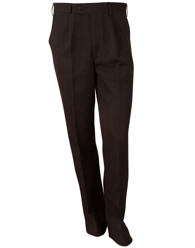 Brown permanent press slacks with a straight leg design and a button closure. Features a logo on the waistband.