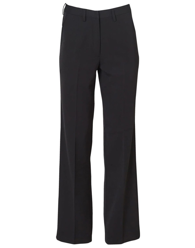 Black ladies' permanent press pants with a tailored fit, featuring a classic slacks design and a waistband.