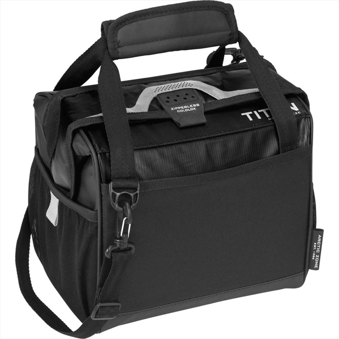 A black lunch cooler with adjustable straps and a handle, featuring a logo and various storage compartments.