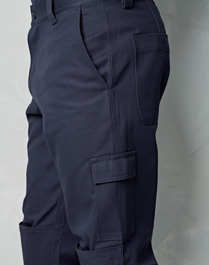 Men's cargo pants in navy blue, featuring knee pads and multiple pockets, with a sleek, fitted design.