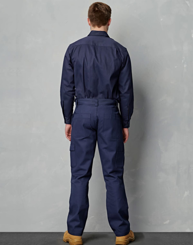 Navy blue men's cotton drill cargo pants with knee pads, featuring a fitted design and pockets.
