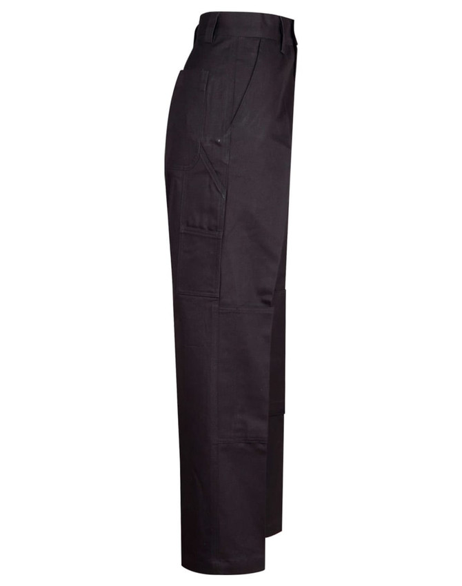Men's black cotton drill cargo pants with knee pads, featuring multiple pockets and a tailored fit.