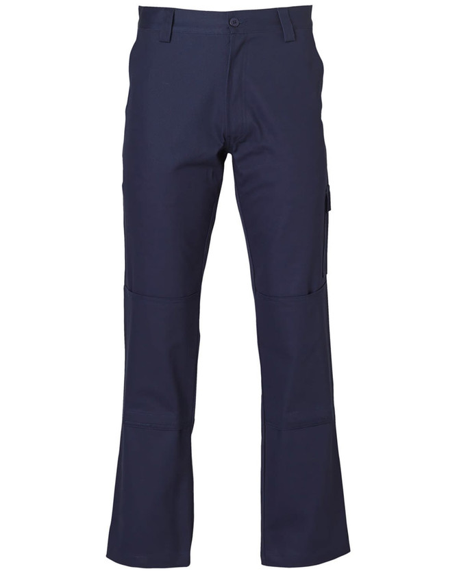 Men's pre-shrunk cargo pants in navy blue, featuring knee pads and multiple pockets, with a logo.