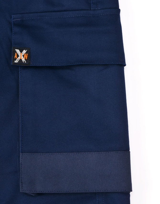 A navy unisex utility stretch cargo work short with a side pocket and branding.