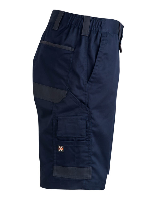 Unisex utility stretch cargo work shorts in navy blue, featuring multiple pockets and an adjustable waistband.