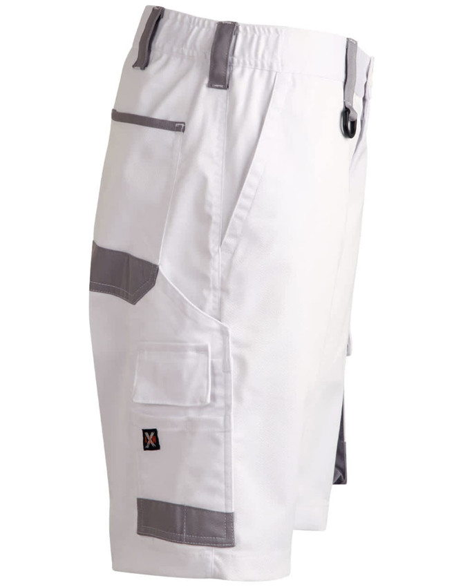 Unisex utility stretch cargo work shorts in white with grey accents and a logo. Features side pockets and a belt loop.