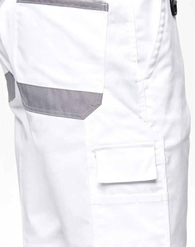 White unisex utility stretch cargo work shorts featuring grey accents and multiple pockets.