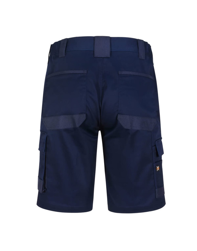 Navy unisex cargo work shorts featuring multiple pockets and a branding logo on the back.