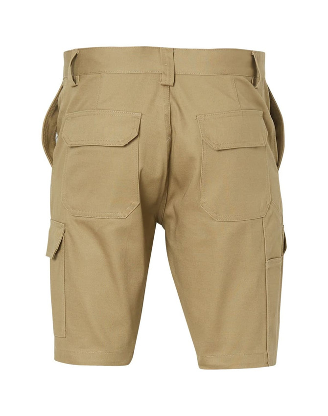 Khaki men's heavy cotton pre-shrunk drill shorts with multiple pockets and a logo on the back.